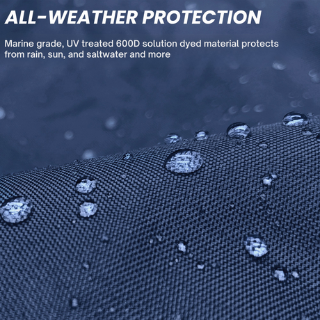 Close-up of water-repellent, marine-grade 600D solution-dyed navy fabric with visible water droplets, highlighting UV-treated, all-weather material for tiller protection, designed to withstand sun, rain, and saltwater exposure