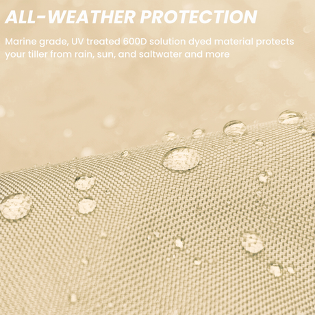 All-weather protection boat beige tiller cover shown repelling water, made from marine-grade material that protects against rain, sun, and saltwater exposure
