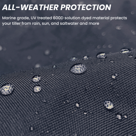 All-weather protection boat black tiller cover shown repelling water, made from marine-grade material that protects against rain, sun, and saltwater exposure
