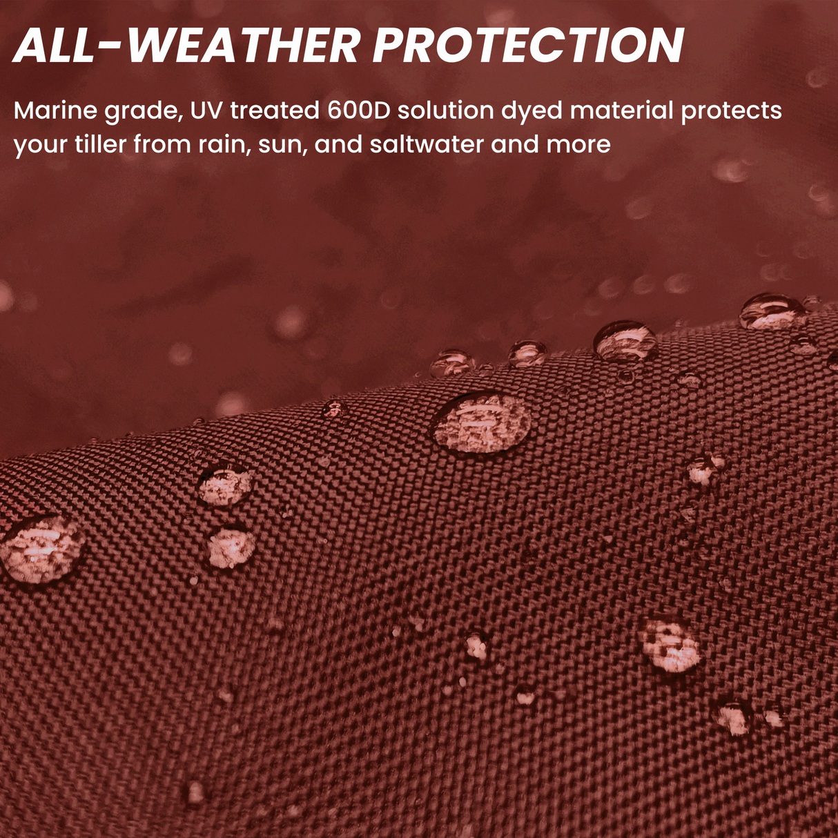 All-weather protection boat burgundy tiller cover shown repelling water, made from marine-grade material that protects against rain, sun, and saltwater exposure