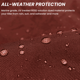 All-weather protection boat burgundy tiller cover shown repelling water, made from marine-grade material that protects against rain, sun, and saltwater exposure