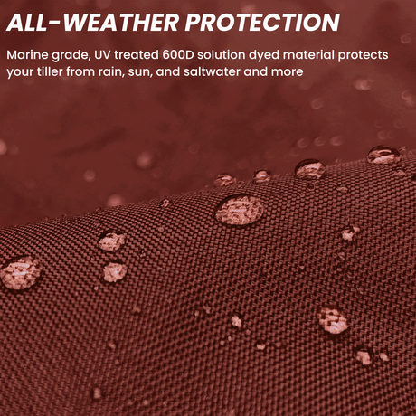 All-weather protection boat burgundy tiller cover shown repelling water, made from marine-grade material that protects against rain, sun, and saltwater exposure