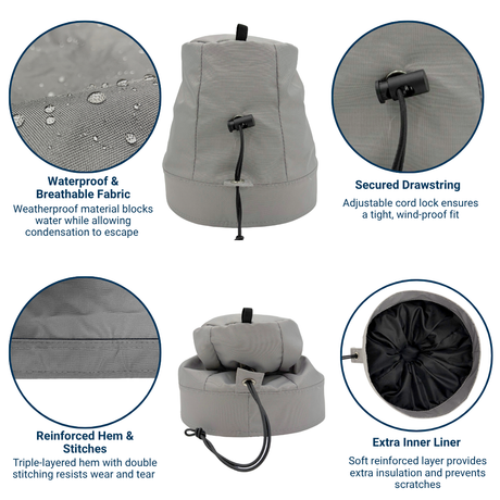 Gray winch  cover with features highlighted on a white background saying waterproof & breathable fabric, secured drawstring, reinforced hem & stitches, and extra inner liner