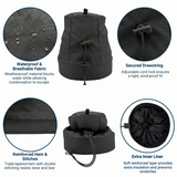 Black winch  cover with features highlighted on a white background saying waterproof & breathable fabric, secured drawstring, reinforced hem & stitches, and extra inner liner