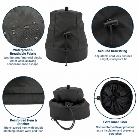 Black winch  cover with features highlighted on a white background saying waterproof & breathable fabric, secured drawstring, reinforced hem & stitches, and extra inner liner