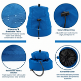 Blue winch  cover with features highlighted on a white background saying waterproof & breathable fabric, secured drawstring, reinforced hem & stitches, and extra inner liner