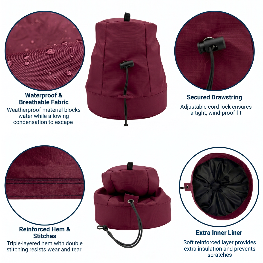 Burgandy winch  cover with features highlighted on a white background saying waterproof & breathable fabric, secured drawstring, reinforced hem & stitches, and extra inner liner