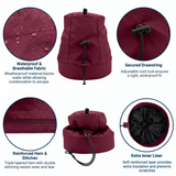 Burgandy winch  cover with features highlighted on a white background saying waterproof & breathable fabric, secured drawstring, reinforced hem & stitches, and extra inner liner