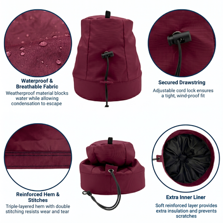 Burgandy winch  cover with features highlighted on a white background saying waterproof & breathable fabric, secured drawstring, reinforced hem & stitches, and extra inner liner