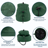 Green winch  cover with features highlighted on a white background saying waterproof & breathable fabric, secured drawstring, reinforced hem & stitches, and extra inner liner