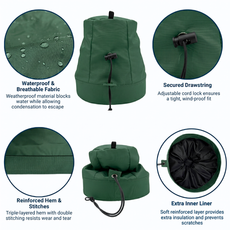 Green winch  cover with features highlighted on a white background saying waterproof & breathable fabric, secured drawstring, reinforced hem & stitches, and extra inner liner