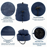 Navy winch  cover with features highlighted on a white background saying waterproof & breathable fabric, secured drawstring, reinforced hem & stitches, and extra inner liner