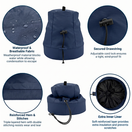 Navy winch  cover with features highlighted on a white background saying waterproof & breathable fabric, secured drawstring, reinforced hem & stitches, and extra inner liner