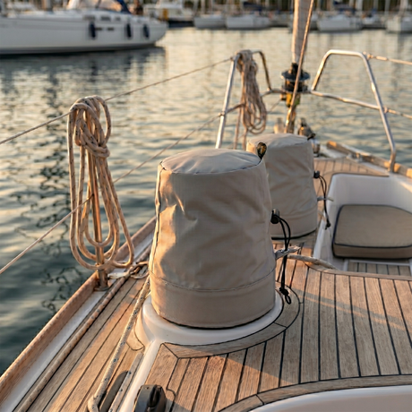 Two tan SavvyCraft marine winch covers installed on winches on the wooden deck of a sailboat, with rigging ropes and other docked boats visible in the background on calm water.